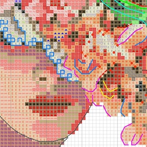 May include: A close-up of a cross-stitch pattern with a variety of colors, including red, pink, blue, and green. The pattern features a variety of shapes, including hearts, stars, and triangles.