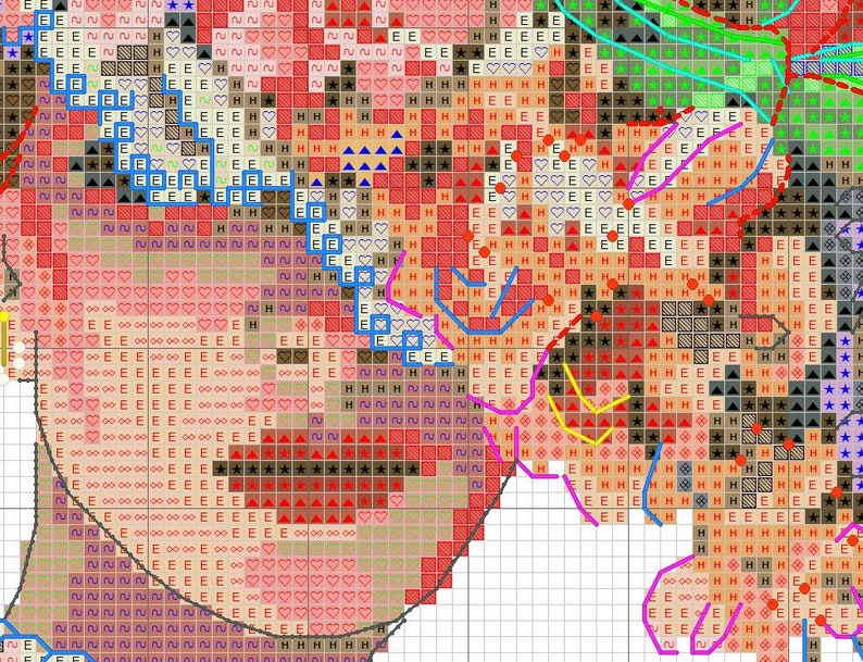 May include: A close-up of a cross-stitch pattern with a variety of colors, including red, pink, blue, and green. The pattern features a variety of shapes, including hearts, stars, and triangles.