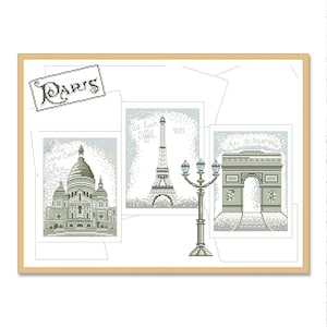 Postal de París, Patrón de punto de cruz contado, Francia, Torre Eiffel, Arco del Triunfo, Paisaje urbano europeo, Decoración Hand Xstitch, Paisaje