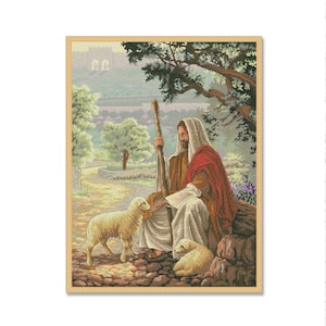 May include: A painting of Jesus sitting with two lambs in a field. He is wearing a white robe and a red cloak. The background is a green field with trees and a distant city.