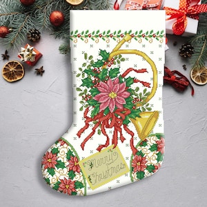 Christmas Stocking, Poinsettia Horn, Spirit of Christmas, Counted Cross Stitch Pattern, Xstitch Decor, Needlework Chart, Instant download