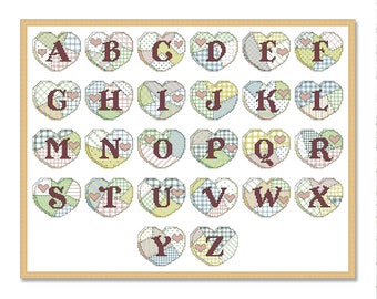 Patchwork Corazón ABC, Patrón de punto de cruz contado PDF, Alfabeto, Letras, Letras, Personalización, Decoración Xstitch a mano, Descarga instantánea