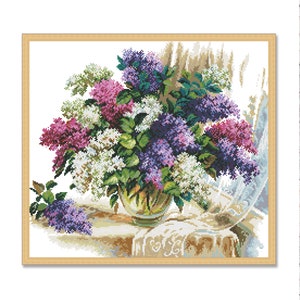 Lila boeket, Cross Stitch Patroon, PDF Digitaal Patroon, Modern Decor, Lentebloemen Xstitch Patroon, Bloemenkaart, Instant Download