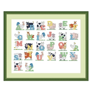 Animais de fazenda ABC, padrão de ponto cruz contado PDF, alfabeto, letras, letras, personalização, animais engraçados, decoração para quarto de criança