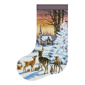 Christmas Wood Stocking, Snowy forest evening, Spirit of Christmas, Deer, Counted Cross Stitch Pattern, Needlework Chart Instant download