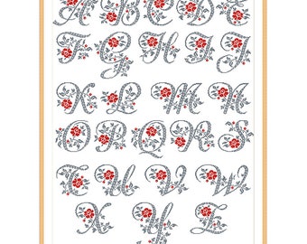 May include: A cross-stitch alphabet design featuring each letter of the alphabet in a cursive font with a floral design and red roses.