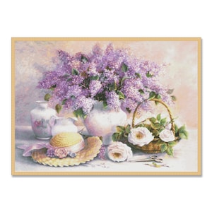 Lilacs and Roses, Cross Stitch Pattern, PDF Digital Pattern, Summer Garden Flowers, Bouquet with Roses, Floral Chart, Instant Download