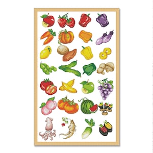 以下が含まれることがあります： リンゴ、イチゴ、ピーマン、ナス、ニンジン、レモン、ジャガイモ、キュウリ、トマト、バナナ、ブドウ、スイカ、寿司、イカ、高麗人参、大根など、さまざまな色鮮やかな果物や野菜を特徴とするクロスステッチパターンです。