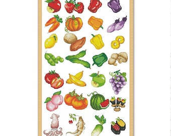 Fruits and Vegetables, Counted Cross Stitch Pattern, Kitchen Still Life, Modern Decor Pattern, Summer fruits, Instant Download PDF