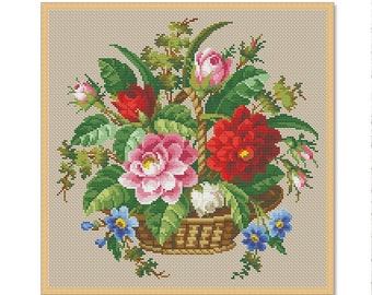 Puede incluir: Una bordado de punto de cruz que representa una cesta llena de flores rosas, rojas y blancas. La cesta es marrón con un forro blanco y está rodeada de hojas verdes. Las flores están dispuestas en un ramo e incluyen rosas, claveles y nomeolvides.