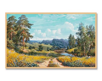 Kiefernwald Kreuzstichmuster, Blumen Feld, Landschaft, Sommerwald, Handstickerei, Nadelspitze, digitales Muster