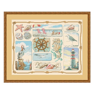Échantillonneur de rivage, motif de point de croix compté, paysage d’été, broderie à la main, tableau de couture, motif numérique PDF, mouettes, phare
