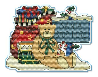 Santa Stop Here, Christmas Cross Stitch Pattern PDF, Needlepoint Chart, Counted cross stitch, Tree, Animal Cross Stitch, Bears Cross Stitch