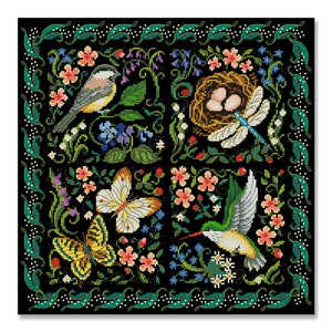 Las galas de la naturaleza, Patrón de punto de cruz contado, Pájaros en una rama, Pájaro primaveral, Descargar patrón digital PDF, Decoración Xstitch a mano
