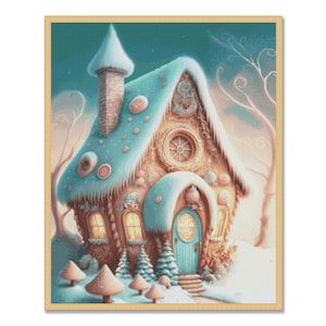 Casa de jengibre navideña, patrón de punto de cruz contado, árbol de Navidad, nieve, hombre de jengibre, gráfico de punto de cruz a mano, descarga instantánea en PDF