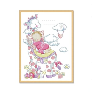 Giraffa, bambina, schema punto croce contato PDF, documento di nascita, campionatore di cuccioli di animali, personalizzazione, giocattoli divertenti, alfabeto per bambini