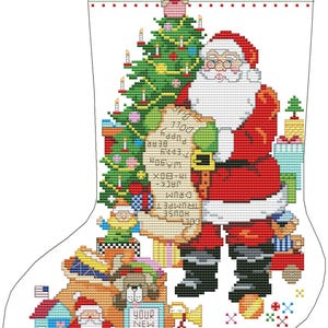 K&ouml;nnte beinhalten: Ein wei&szlig;er Strumpf mit einem rot-wei&szlig; gestreiften B&uuml;ndchen. Der Weihnachtsmann h&auml;lt eine Liste mit Geschenken, darunter eine Trommel, ein Haus, eine Puppe, ein Welpe, ein Wagen, eine Schachtel, ein Wagenheber, eine Trommel, ein Haus und eine Puppe. Hinter dem Weihnachtsmann steht ein Weihnachtsbaum mit Schmuck und Lichtern. Am Boden des Strumpfes befinden sich weitere Geschenke, darunter ein Haus, ein Welpe und eine Glocke.