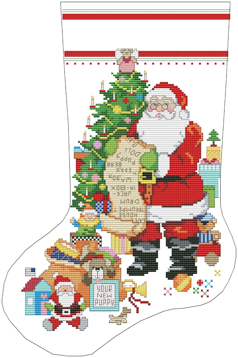 K&ouml;nnte beinhalten: Ein wei&szlig;er Strumpf mit einem rot-wei&szlig; gestreiften B&uuml;ndchen. Der Weihnachtsmann h&auml;lt eine Liste mit Geschenken, darunter eine Trommel, ein Haus, eine Puppe, ein Welpe, ein Wagen, eine Schachtel, ein Wagenheber, eine Trommel, ein Haus und eine Puppe. Hinter dem Weihnachtsmann steht ein Weihnachtsbaum mit Schmuck und Lichtern. Am Boden des Strumpfes befinden sich weitere Geschenke, darunter ein Haus, ein Welpe und eine Glocke.