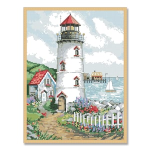 Lighthouse, Counted Cross Stitch Pattern, Summer Landscape, Hand Embroidery, Needlepoint Chart, Digital Pattern PDF, Seagulls Boat, Sea Wave