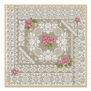 Rozen en kant, bloemensampler, geteld kruissteekpatroon, lentebloemen, veelkleurige sampler, bloemenornament, Instant Download PDF