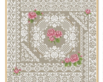 バラとレース、フラワーサンプラー、カウントクロスステッチパターン、春の花、マルチカラーサンプラー、フローラルオーナメント、PDF即時ダウンロード