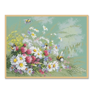 Madeliefjes en klaver, kruissteekpatroon, wilde bloemen, PDF digitaal patroon, kamille, zomerbloemen, Xstitch patroon, bloemenkaart, bij