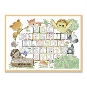 Woodland Folk ABC, Patrón de punto de cruz contado PDF, Alfabeto, Letras de animales, Letras, Personalización, Animales divertidos, Decoración Xstitch