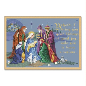 Nochebuena, Patrón de punto de cruz contado, Sagrada familia, Belén, Decoración navideña Xstitch, Gráfico navideño, Descarga instantánea en PDF