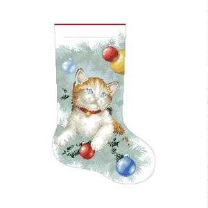 Cat Christmas Stocking, Sitting in the trimmings, Counted Cross Stitch Pattern, Xstitch Decor, Needlework Chart, Instant download PDF
