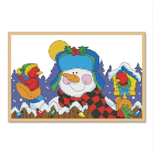 Bonhomme de neige et amis, modèle de point de croix compté, hiver, oiseau, père Noël, neige, décoration de Noël Xstitch, arbre de Noël, téléchargement immédiat PDF