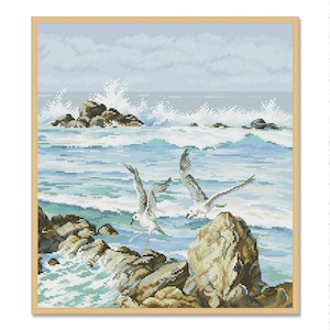 Sea Shore, Counted Cross Stitch Pattern, Sea Waves, Seagulls, Summer Landscape, Hand Embroidery, Needlepoint Chart, Digital Pattern PDF