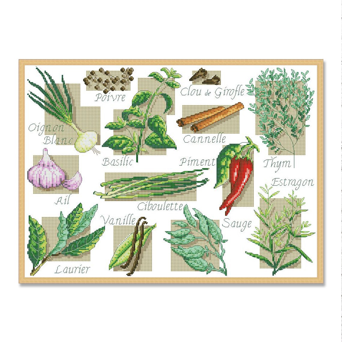 Spices Sampler, Counted Cross Stitch Pattern, Kitchen Still Life, Modern Decor Pattern, Summer Vegetables, Instant Download PDF