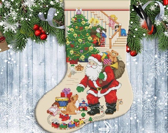 Weihnachtsstrumpf, Weihnachtsmann versteckt Geschenke, Weihnachtsmotiv, Kreuzstich Anleitung, Stickmuster, Weihnachtsdeko, Handarbeit, Weihnachtsgeschenk, Geschenk Weihnachten, Geschenk Weihnachten