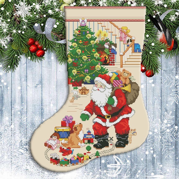 Christmas Stocking, Santa hiding gifts, Spirit of Christmas, Counted Cross Stitch Pattern, Stitch Decor, Needlework Chart, Instant download