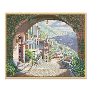 Coastal View, Counted Cross Stitch Pattern, Village Cottage, Summer, Hand Embroidery, Sea View Cottage, Needlepoint Chart, Digital Pattern