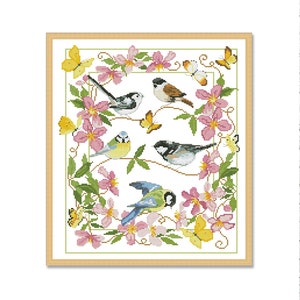 Vogels en bloemen, geteld kruissteekpatroon, vogels op een tak, lentevogel, download digitaal patroon PDF, hand Xstitch decor