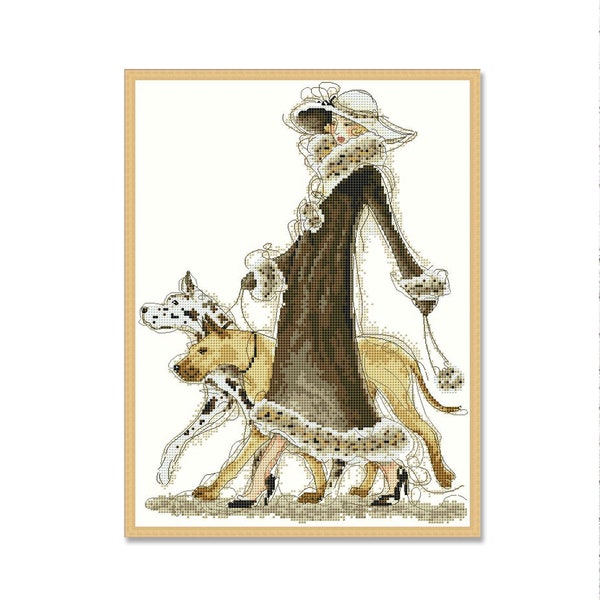 Best in Show, Cross Stitch Pattern, Digital Pattern PDF, Lady with dogs, Cute puppy dogs, Animal Pattern, Hand Needlepoint Chart