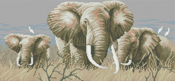 アフリカゾウ、クロスステッチ パターン、野生動物、サバンナの動物