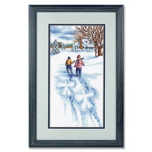 Snow Angels, Counted Cross Stitch Pattern, Winter Landscape, Snow Village, Hand Needlepoint Chart, Digital Pattern PDF