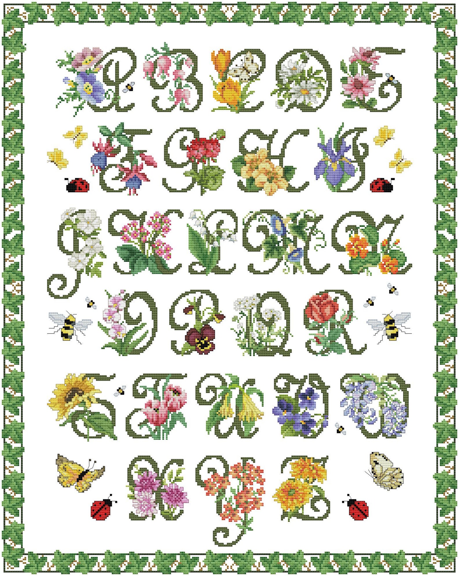 Growing Patterns Using Letters Garden Alphabet, Garden ABC, Counted Cross Stitch Pattern, Floral ...