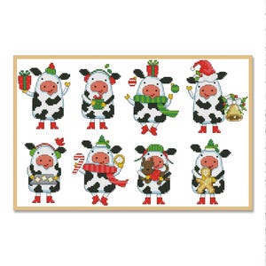 May include: Eight black and white cow illustrations wearing different holiday attire, including Santa hats, scarves, and candy canes. The cows are all smiling and have a festive look.
