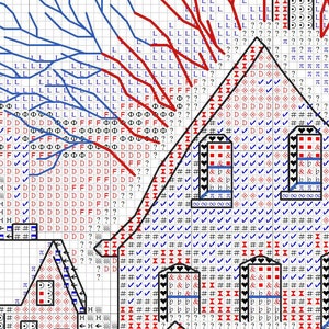 May include: A cross-stitch pattern featuring a house with red and blue accents. The pattern includes a variety of symbols and letters, including "H", "D", "F", "L", "O", "&pi;", "#", "X", "&hearts;", "&rarr;", and "✓".