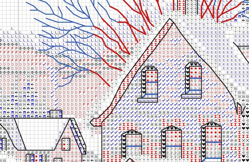 May include: A cross-stitch pattern featuring a house with red and blue accents. The pattern includes a variety of symbols and letters, including "H", "D", "F", "L", "O", "&pi;", "#", "X", "&hearts;", "&rarr;", and "✓".