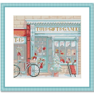Toys Gifts Shop, Counted Cross Stitch Pattern, Winter Landscape, Snow Village, Hand Needlework Chart, Digital Pattern PDF