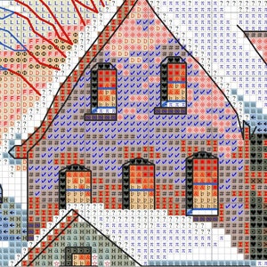 May include: A cross-stitch pattern featuring a winter scene with a red and white house, a smaller red house, and a snowy background. The pattern is made up of various colored squares, including red, white, blue, and black.
