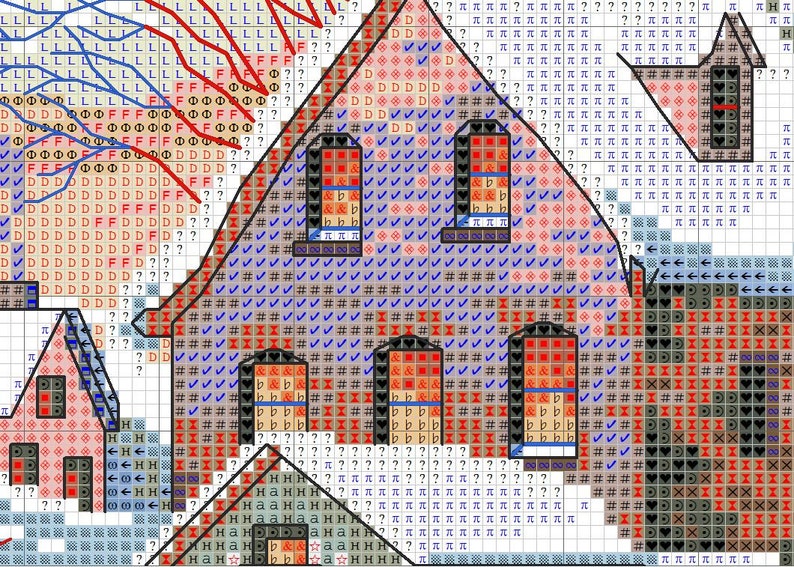 May include: A cross-stitch pattern featuring a winter scene with a red and white house, a smaller red house, and a snowy background. The pattern is made up of various colored squares, including red, white, blue, and black.