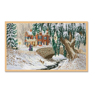 Winter Lace, Counted Cross Stitch Pattern, Winter Landscape Pattern, Instant Download PDF, Needlework Chart, Village Cottage
