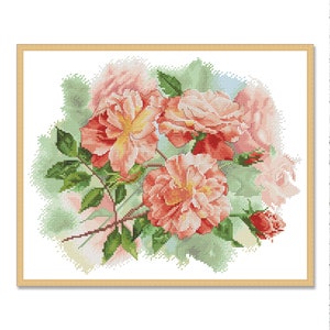 Vintage rozen, geteld kruissteekpatroon, oosterse bloemen, digitaal patroon PDF, bloemenkaart, patroon van wilde bloemen, boeketborduurwerk
