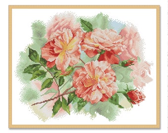 Vintage Roses, Counted Cross Stitch Pattern, Oriental Flowers, Digital Pattern PDF, Floral chart, Wild Flowers Pattern, Bouquet Embroidery