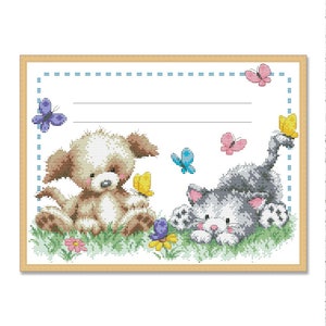 Amigos, padrão de ponto cruz contado PDF, cachorrinho, gatinho, registro de nascimento, amostra de animais de bebê, personalização, brinquedos engraçados, alfabeto infantil